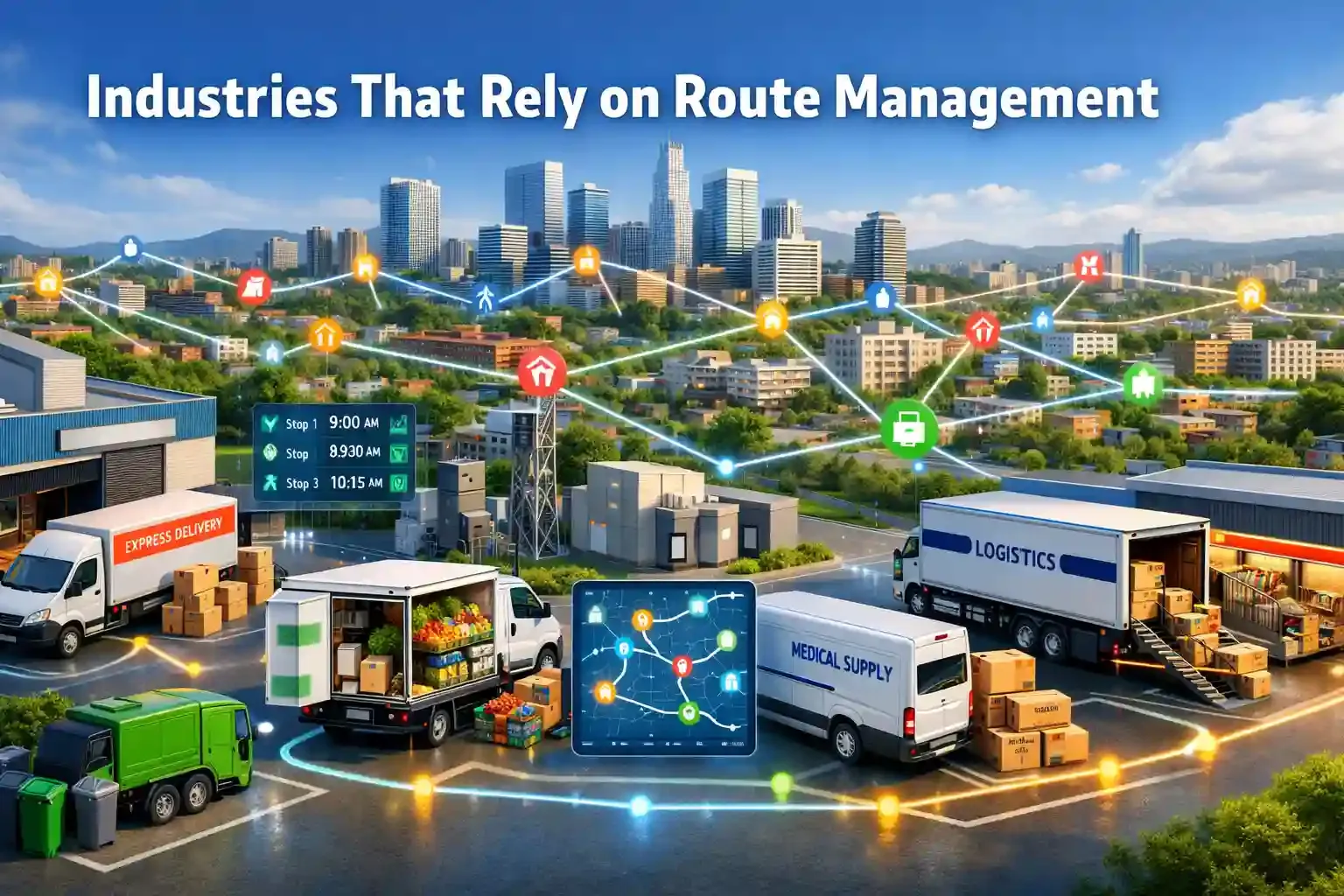 City logistics network showing industries using route management systems